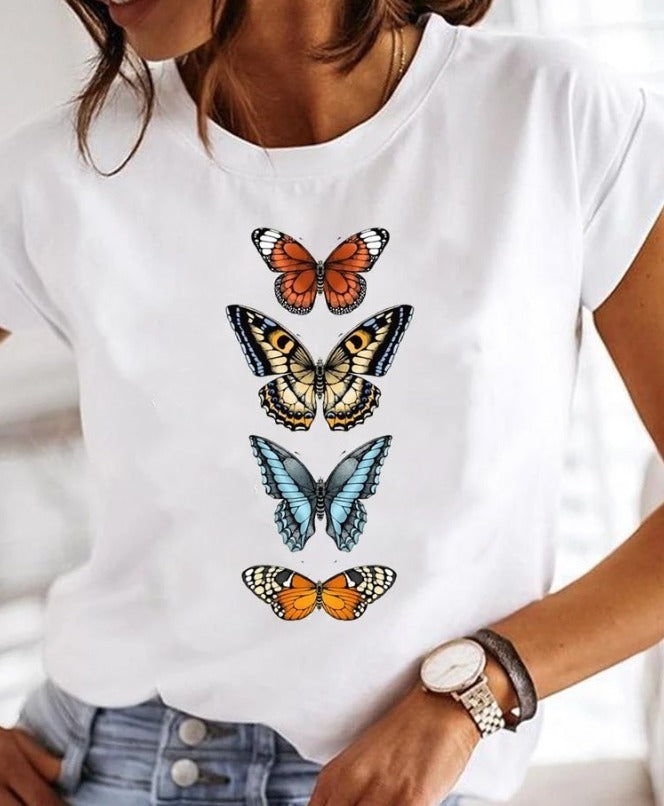T-Shirt - Women's Crew Neck White Printed T-Shirt-Fashion Nora