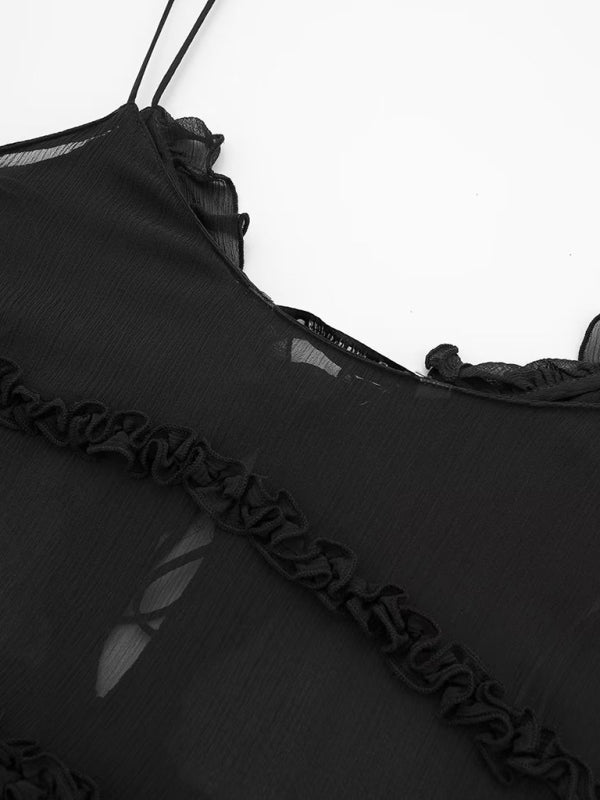 Tie Front Top - Ruffle - See Through - Chiffon Top - Women's Top-Fashion Nora