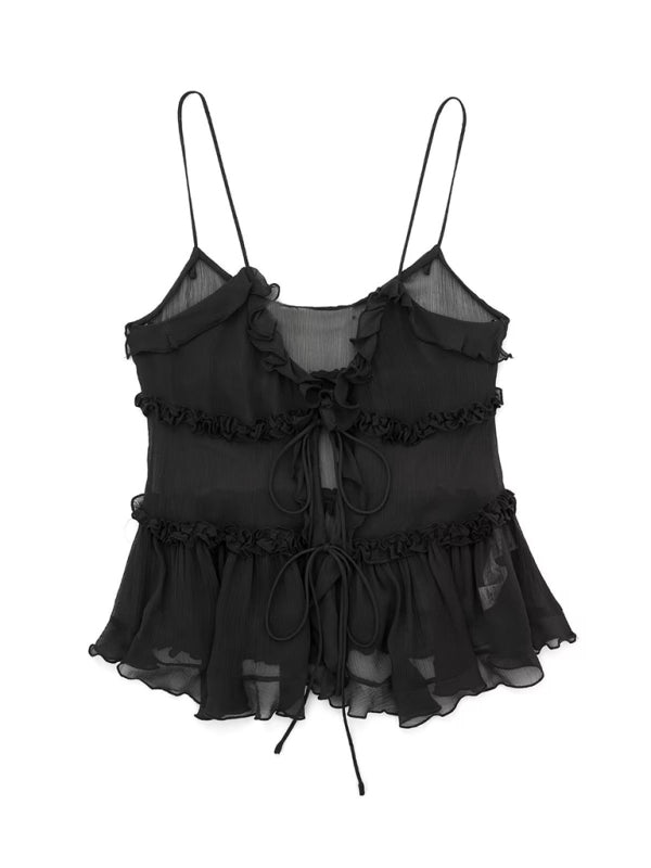 Tie Front Top - Ruffle - See Through - Chiffon Top - Women's Top-Fashion Nora