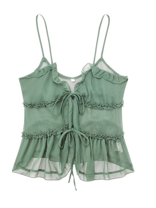 Tie Front Top - Ruffle - See Through - Chiffon Top - Women's Top-Fashion Nora