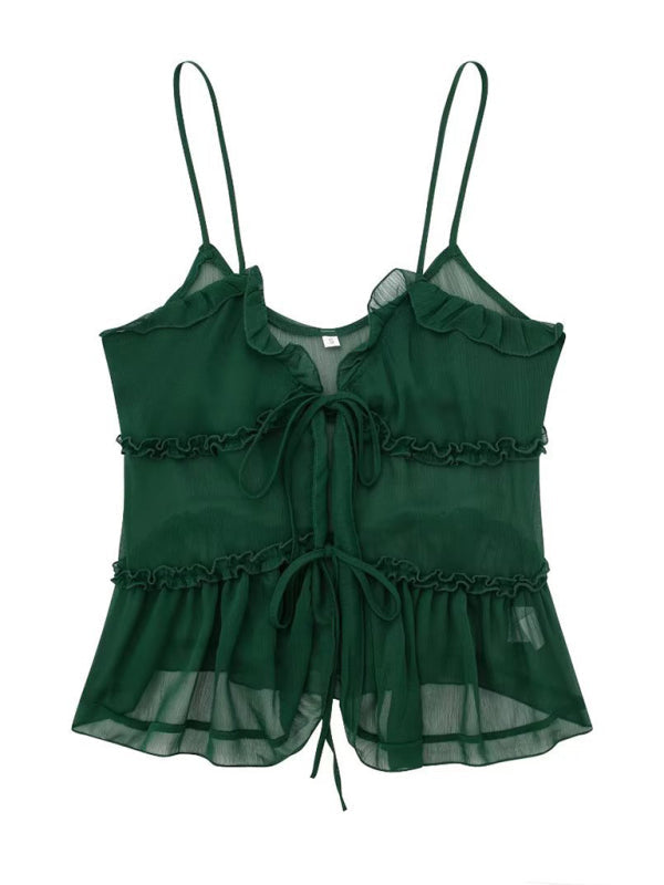 Tie Front Top - Ruffle - See Through - Chiffon Top - Women's Top-Fashion Nora