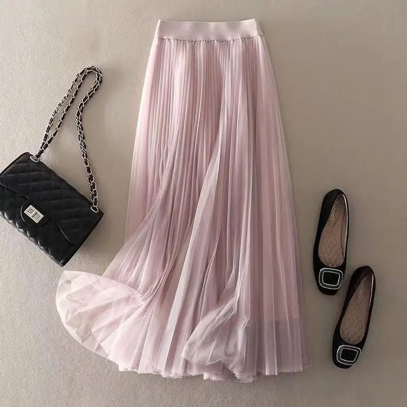Tulle Skirt | High Waisted | Elastic Waist | Midi Skirt | Pleated Skirt-Fashion Nora