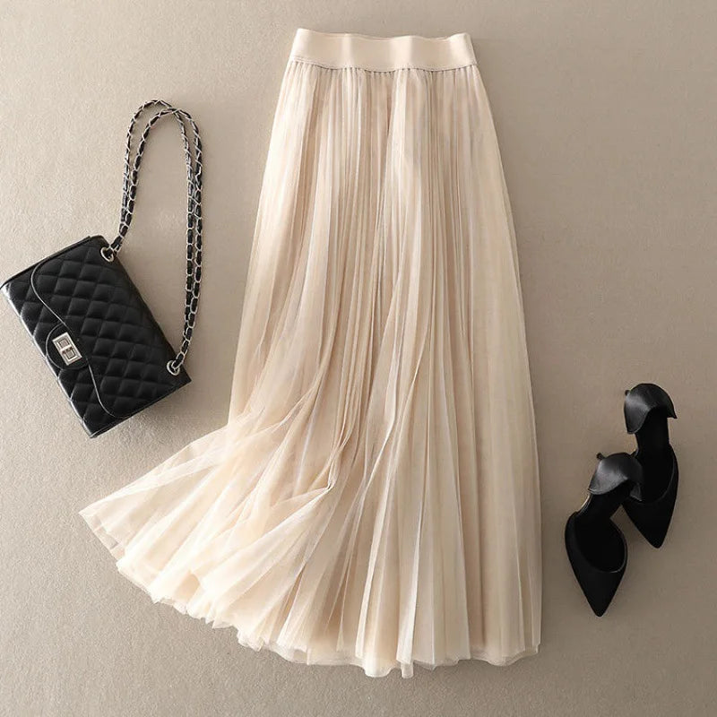 Tulle Skirt | High Waisted | Elastic Waist | Midi Skirt | Pleated Skirt-Fashion Nora