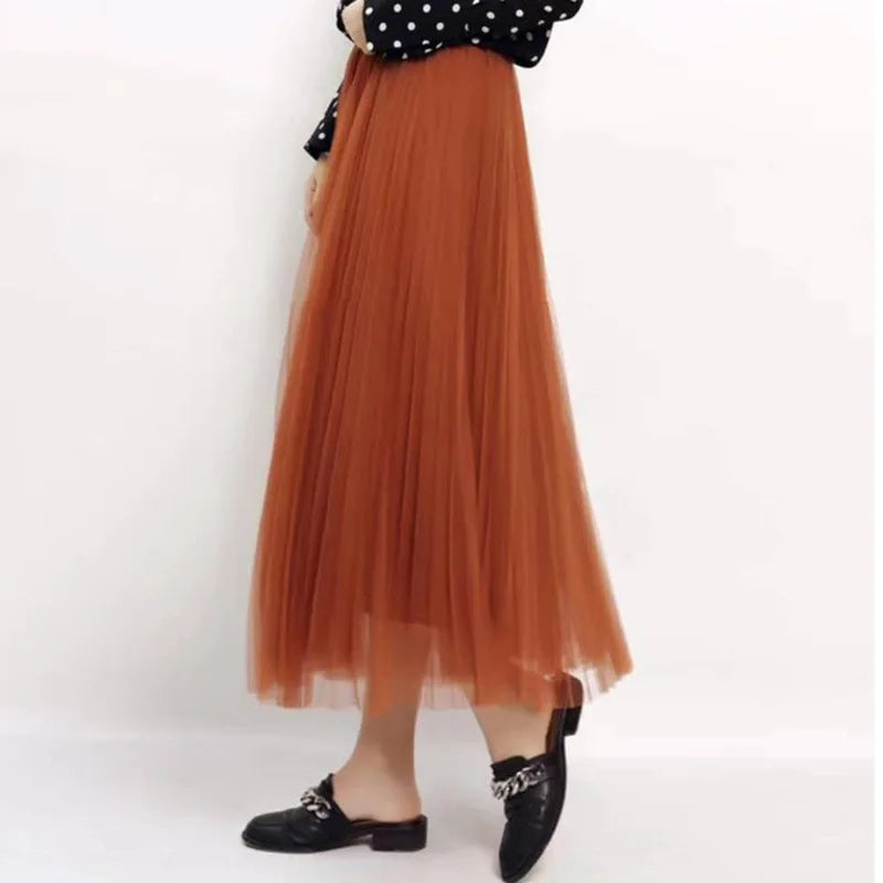 Tulle Skirt | High Waisted | Elastic Waist | Midi Skirt | Pleated Skirt-Fashion Nora