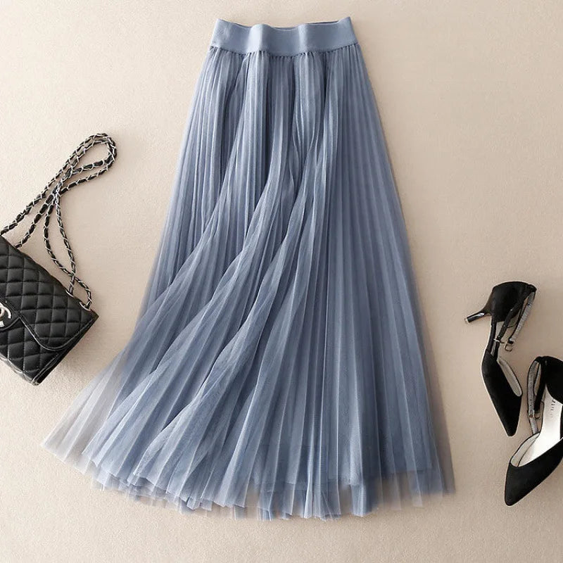 Tulle Skirt | High Waisted | Elastic Waist | Midi Skirt | Pleated Skirt-Fashion Nora