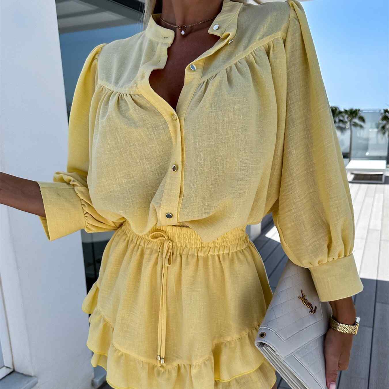 Two-Piece Set - Women's Blouse and Ruffle Mini Skirt Summer Co-Ord Set-Fashion Nora