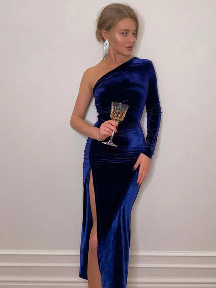 Velvet Dress - One Sleeve - Slit - Maxi Evening Dress - Elegant Dress-Fashion Nora