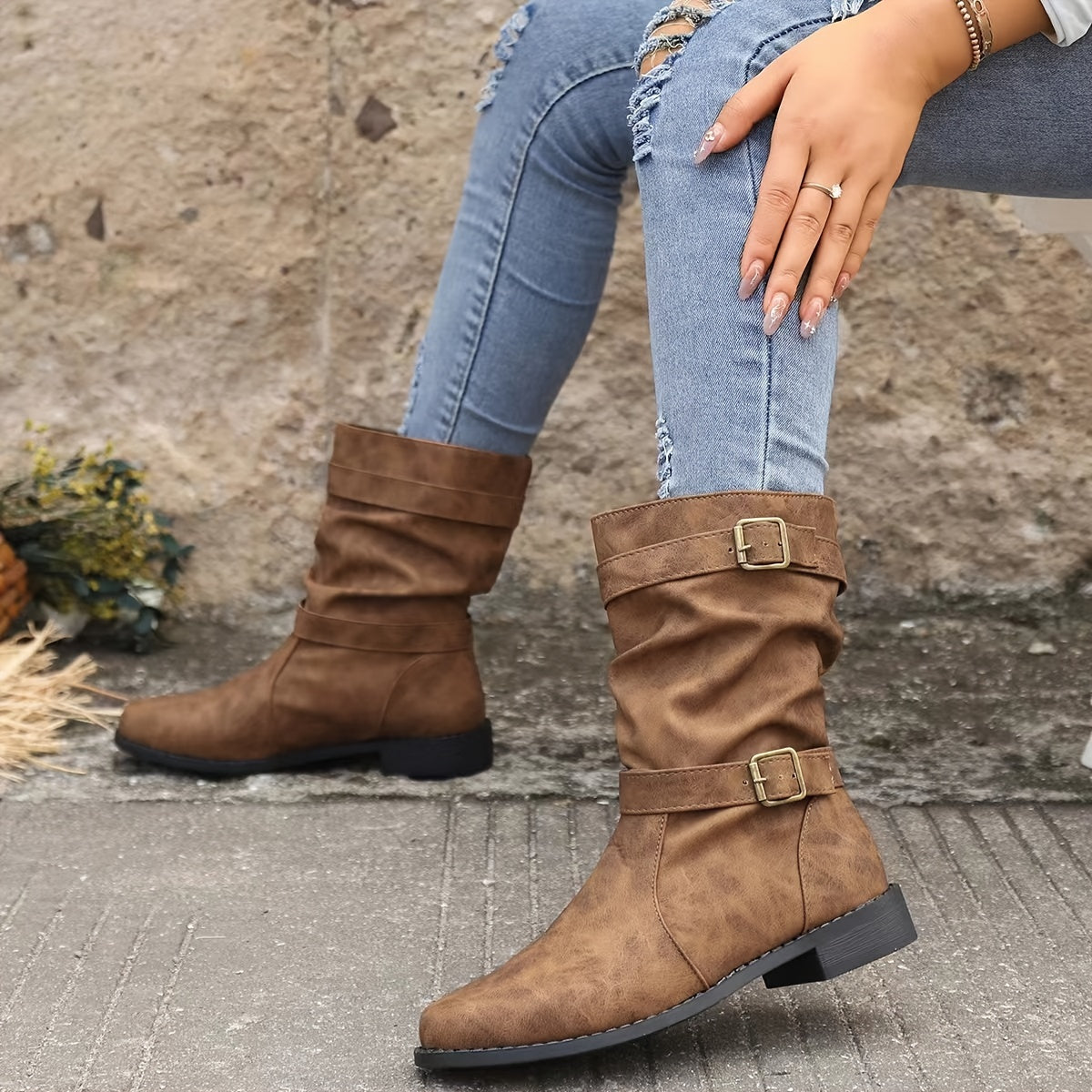 Women's Boots | Buckle Strap | Vintage | Mid Calf Boots | Slouchy Boots-Fashion Nora