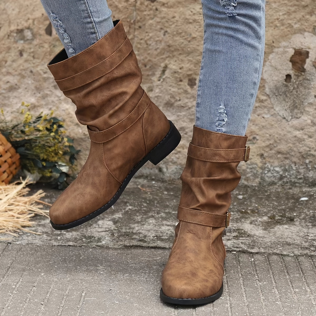 Women's Boots | Buckle Strap | Vintage | Mid Calf Boots | Slouchy Boots-Fashion Nora