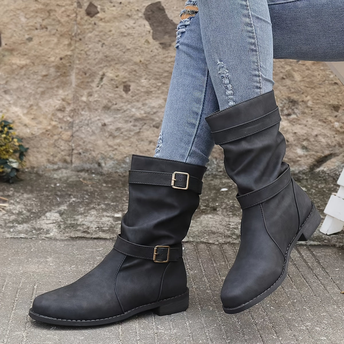 Women's Boots | Buckle Strap | Vintage | Mid Calf Boots | Slouchy Boots-Fashion Nora