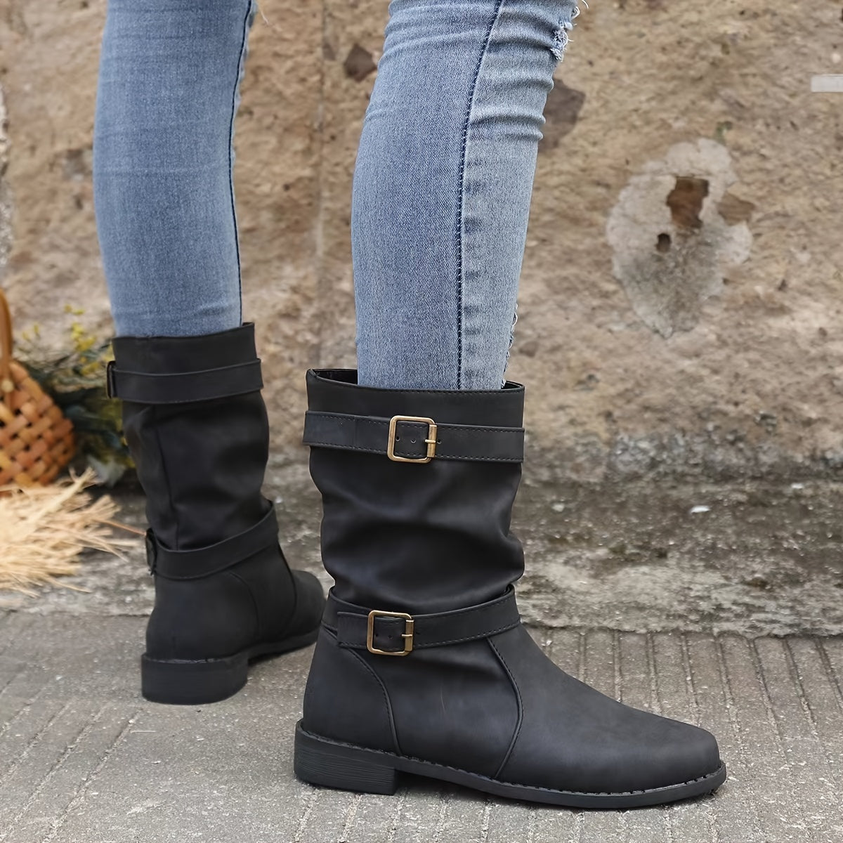 Women's Boots | Buckle Strap | Vintage | Mid Calf Boots | Slouchy Boots-Fashion Nora