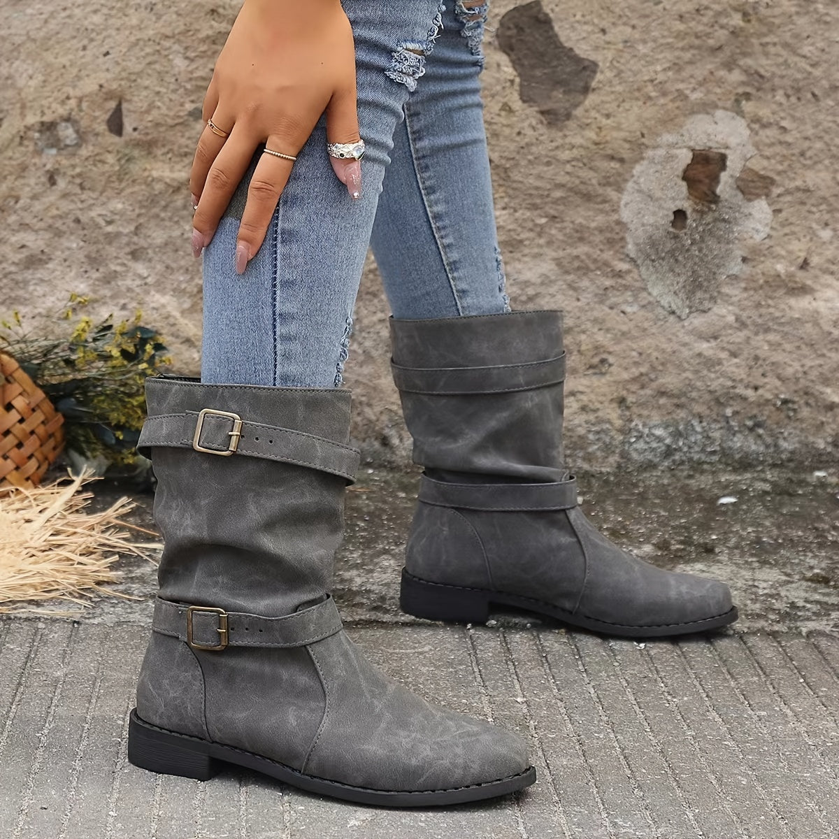 Women's Boots | Buckle Strap | Vintage | Mid Calf Boots | Slouchy Boots-Fashion Nora