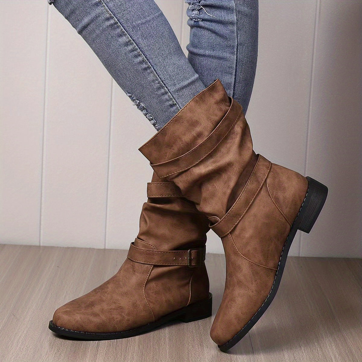 Women's Boots | Buckle Strap | Vintage | Mid Calf Boots | Slouchy Boots-Fashion Nora