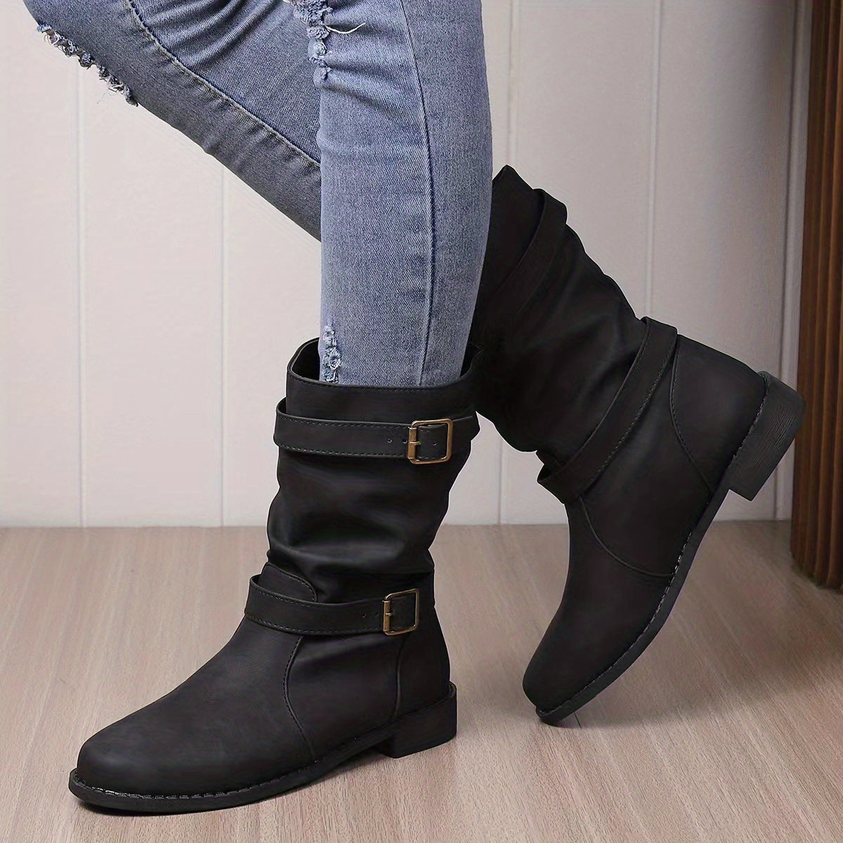 Women's Boots | Buckle Strap | Vintage | Mid Calf Boots | Slouchy Boots-Fashion Nora