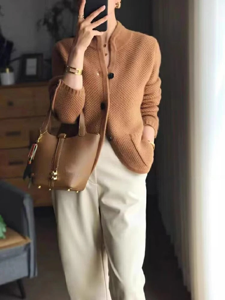 Women's Cardigan - Button-Up - Pockets - Knitted Cardigan - Cashmere Cardigan-Fashion Nora
