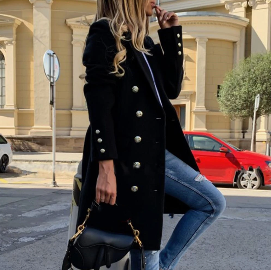 Wool Trench Coat - Women's Double Breasted Mid Length Wool Jacket-Fashion Nora