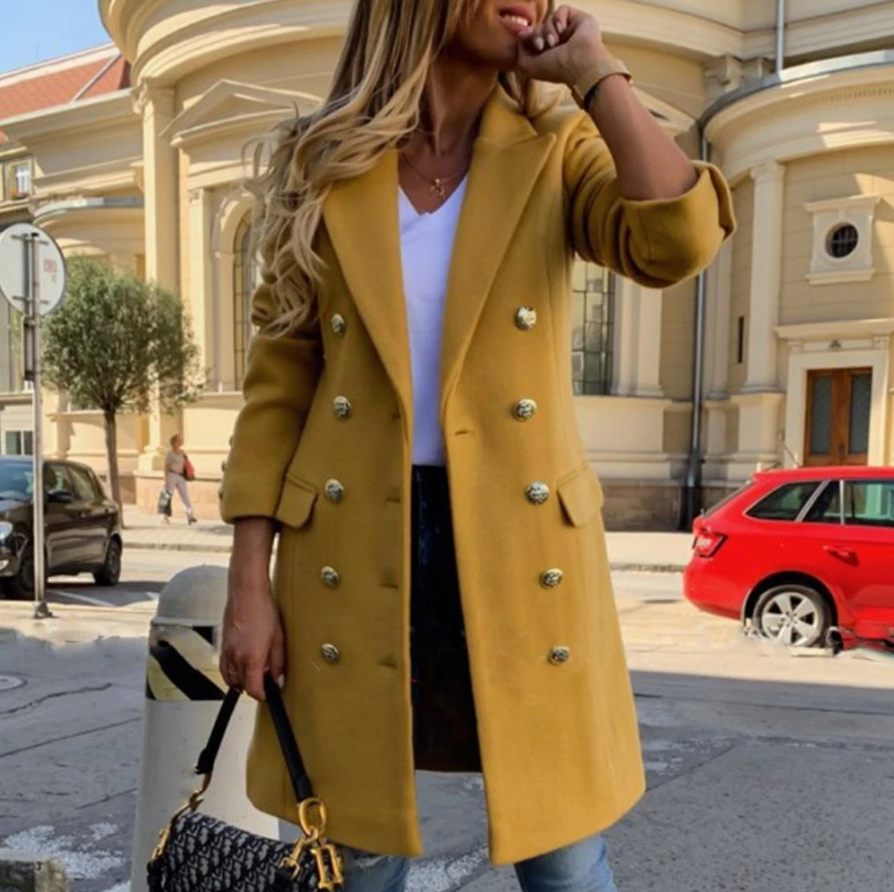 Wool Trench Coat - Women's Double Breasted Mid Length Wool Jacket-Fashion Nora