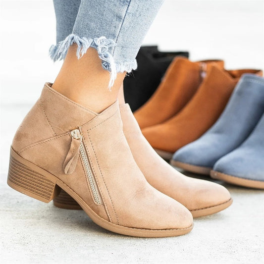 Ankle Boots - Women's Comfortable Low Heel Zip Up Boots-Fashion Nora