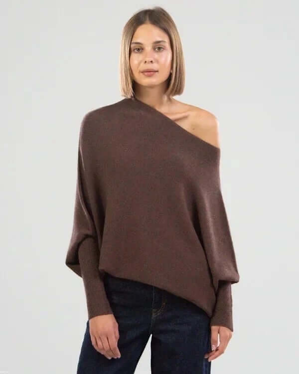 Batwing Sweater | Loose Fit | One-Shoulder | Knitted Jumper | Women's Clothing-Fashion Nora