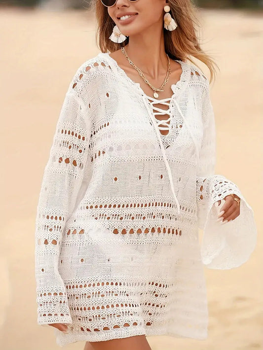 Beach Cover Up - Knitted - Long Sleeve -Knitted Dress - Bikini Cover Up-Fashion Nora