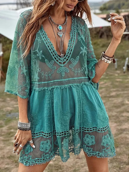 Bikini Cover Up - Lace - See Through - Cover Up Dress - Boho Style-Fashion Nora