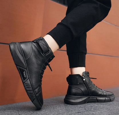 Black Waterproof Winter Boots for Men in Black Leather-Fashion Nora