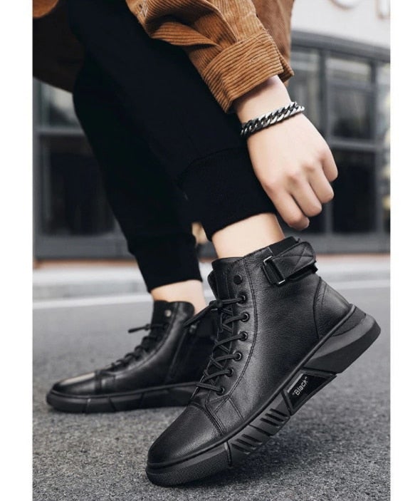 Black Waterproof Winter Boots for Men in Black Leather-Fashion Nora