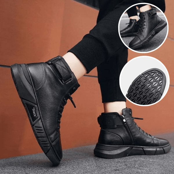 Black Waterproof Winter Boots for Men in Black Leather-Fashion Nora