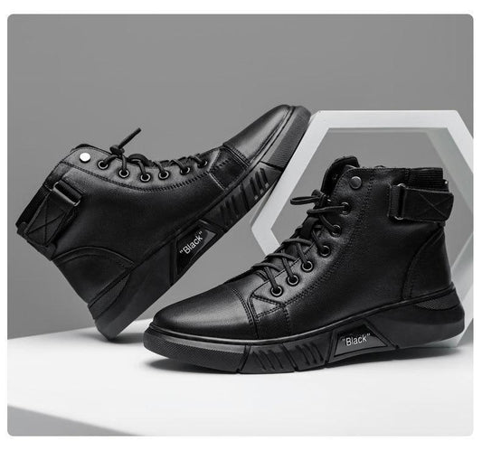 Black Waterproof Winter Boots for Men in Black Leather-Fashion Nora