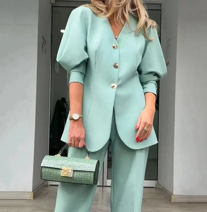 Blazer Set - Women's Green Oversized Blazer and Wide Leg Pants Co-Ord Set-Fashion Nora