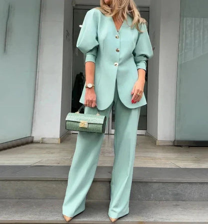 Blazer Set - Women's Green Oversized Blazer and Wide Leg Pants Co-Ord Set-Fashion Nora