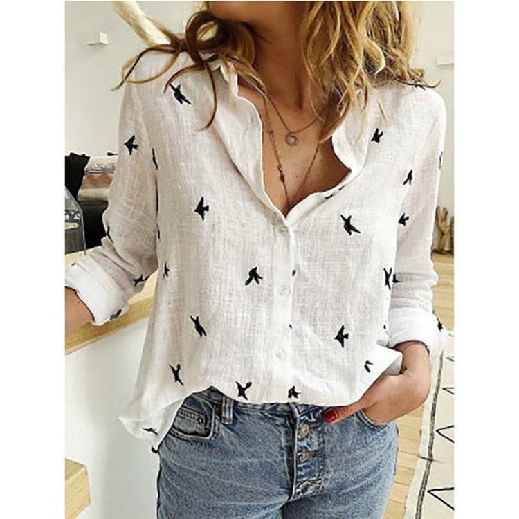 Blouse - Long Sleeve - Button-Up - Linen Shirt - Women's Shirts-Fashion Nora