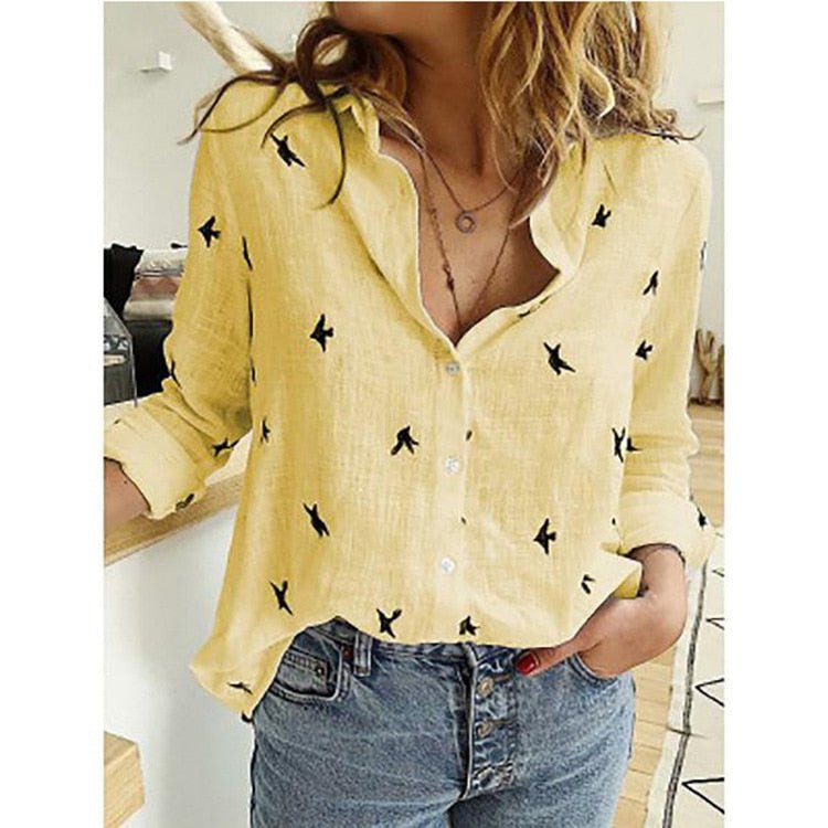 Blouse - Long Sleeve - Button-Up - Linen Shirt - Women's Shirts-Fashion Nora