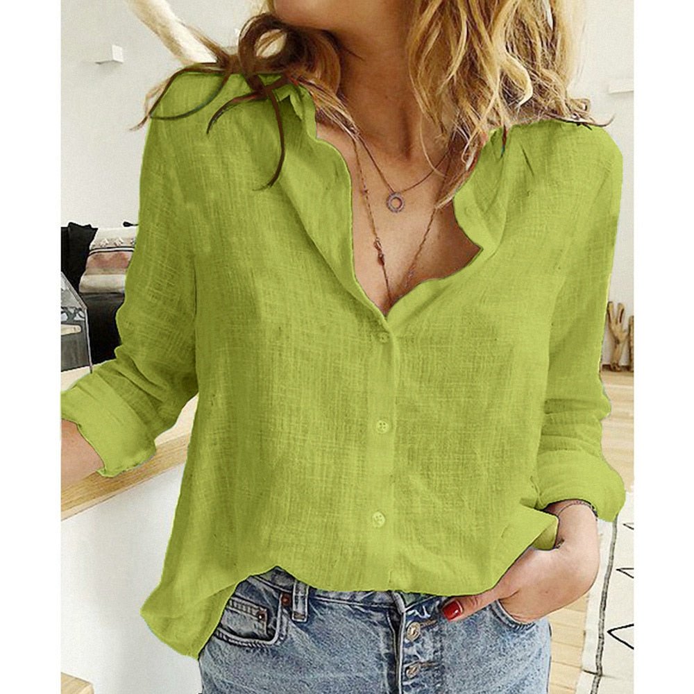 Blouse - Long Sleeve - Button-Up - Linen Shirt - Women's Shirts-Fashion Nora