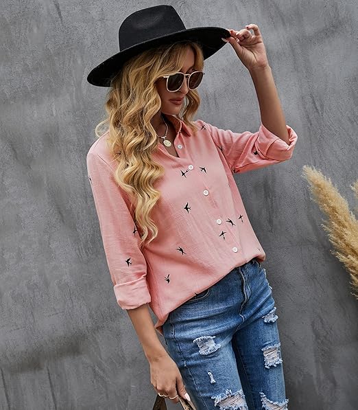 Blouse - Long Sleeve - Button-Up - Linen Shirt - Women's Shirts-Fashion Nora