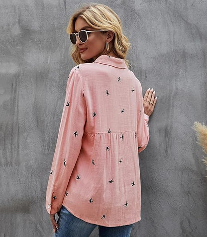 Blouse - Long Sleeve - Button-Up - Linen Shirt - Women's Shirts-Fashion Nora