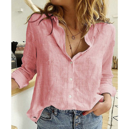 Blouse - Long Sleeve - Button-Up - Linen Shirt - Women's Shirts-Fashion Nora