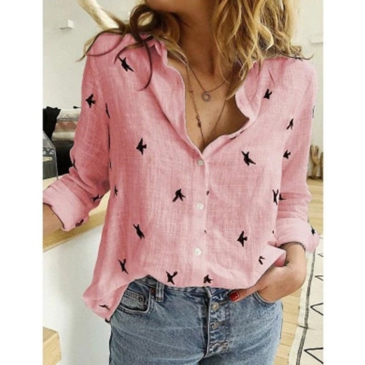 Blouse - Long Sleeve - Button-Up - Linen Shirt - Women's Shirts-Fashion Nora