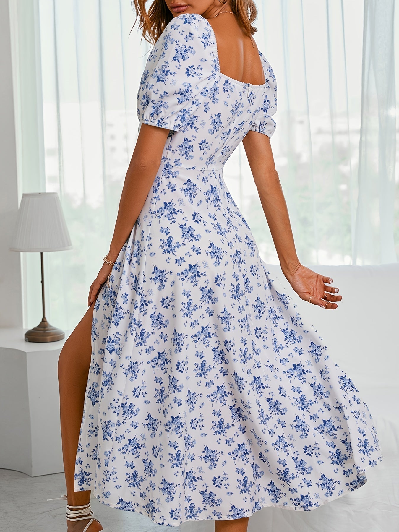 Blue Floral Sundress | Slit | Puff Sleeve | Corset Dress | Maxi Dress-Fashion Nora