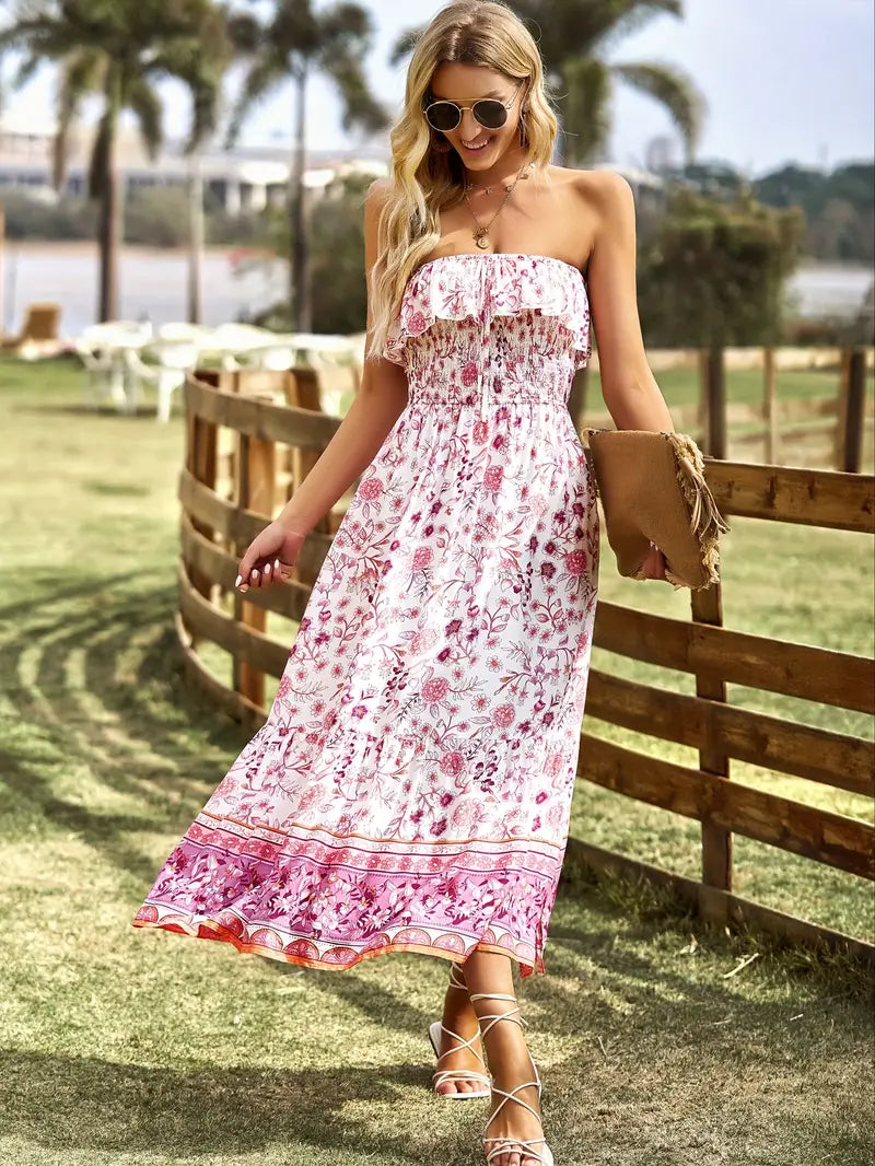 Boho Dress, Floral, Strapless, Maxi Dress, Summer Dress-Fashion Nora