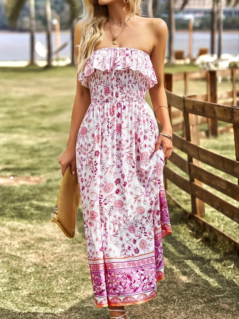 Boho Dress, Floral, Strapless, Maxi Dress, Summer Dress-Fashion Nora