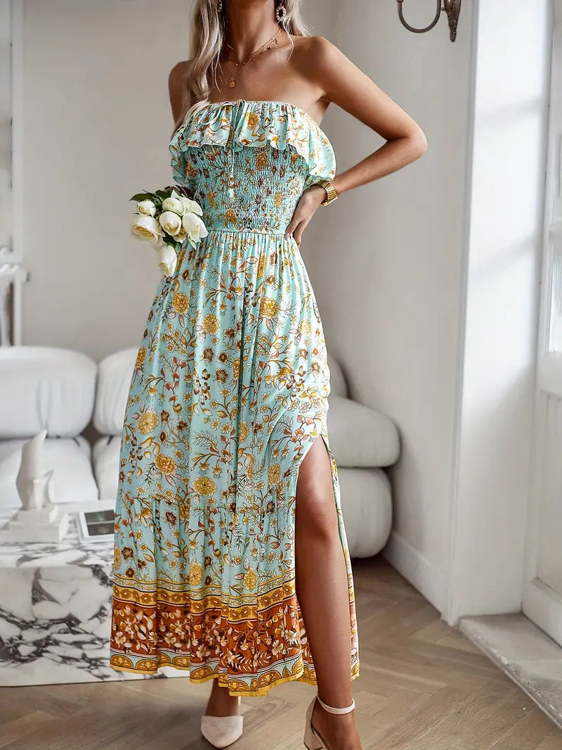 Boho Dress, Floral, Strapless, Maxi Dress, Summer Dress-Fashion Nora