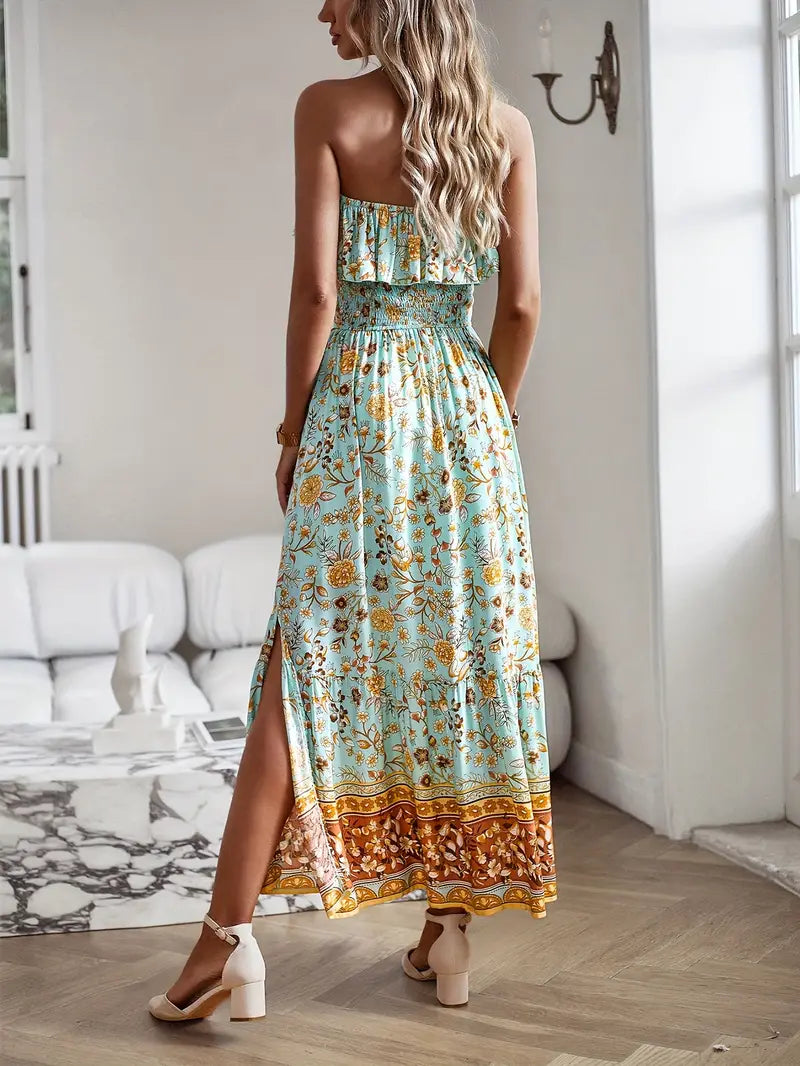 Boho Dress, Floral, Strapless, Maxi Dress, Summer Dress-Fashion Nora