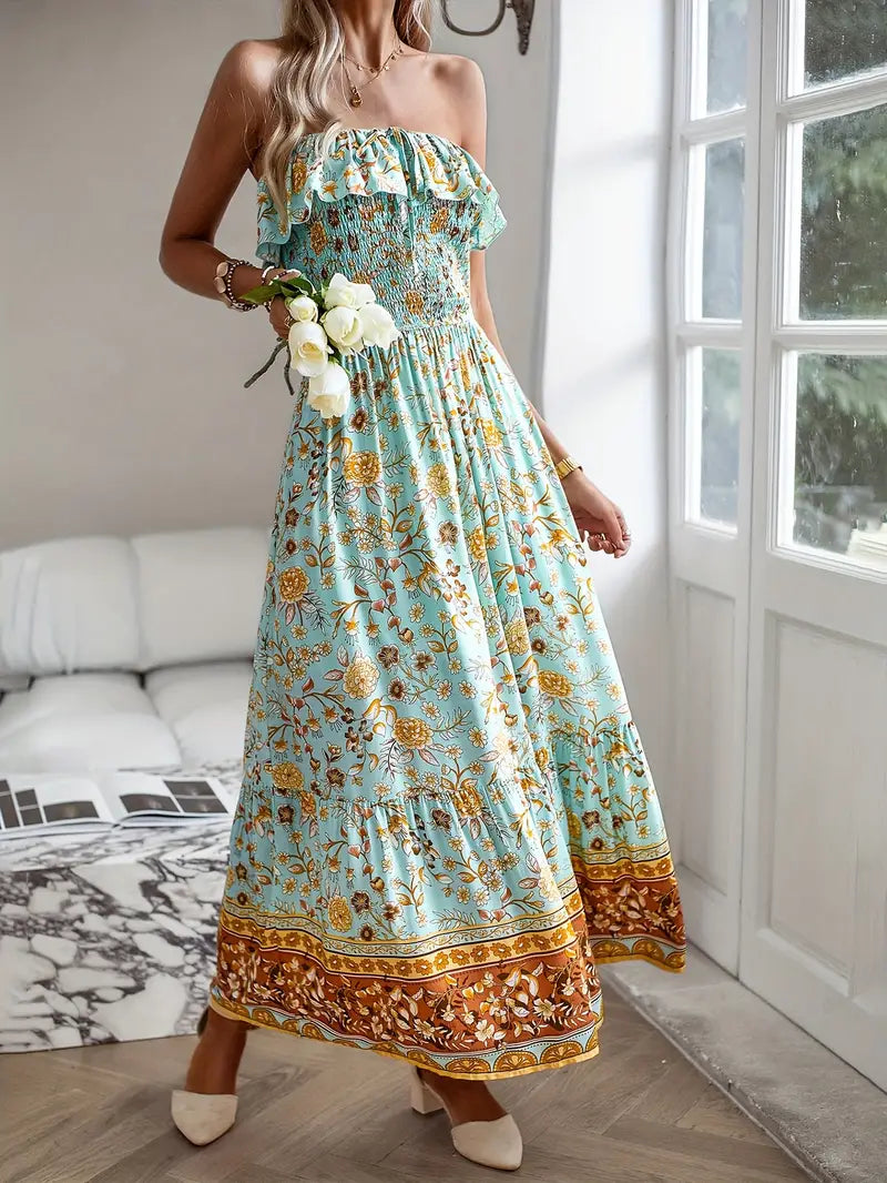 Boho Dress, Floral, Strapless, Maxi Dress, Summer Dress-Fashion Nora