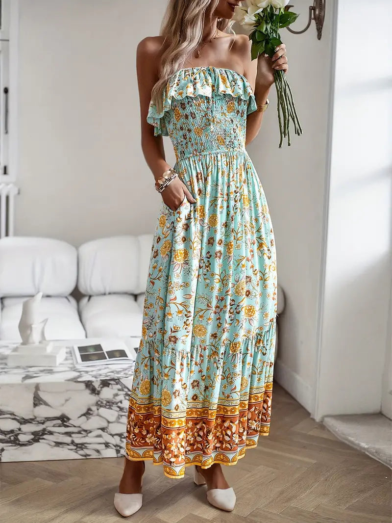 Boho Dress Floral Strapless Maxi Dress Summer Dress Fashion Nora