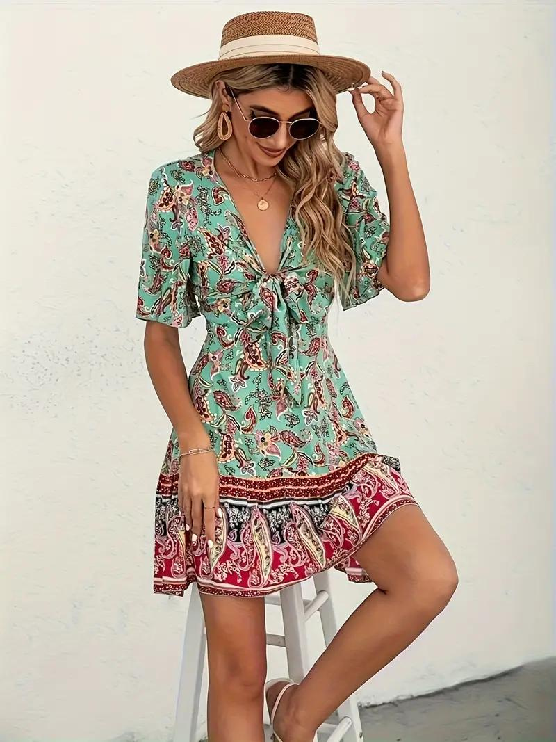 Boho Dress - Paisley Print - Short Sleeve - Mini Dress