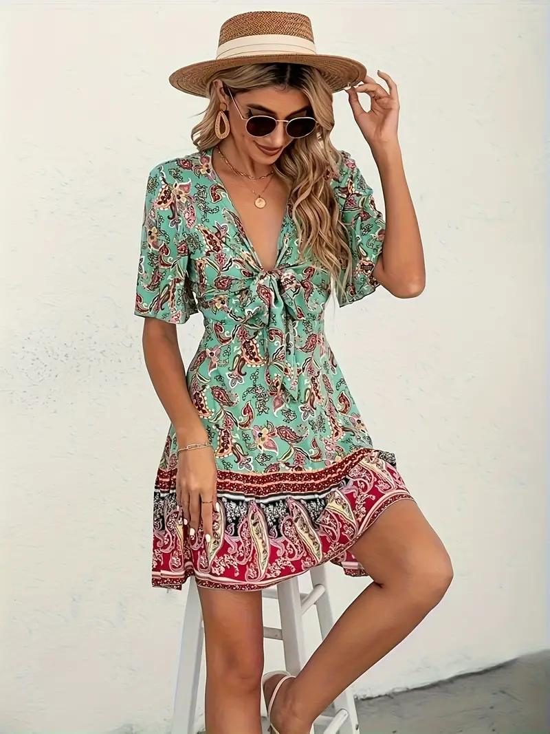 Boho Dress Paisley Print Short Sleeve Mini Dress Summer Dress Fashion Nora