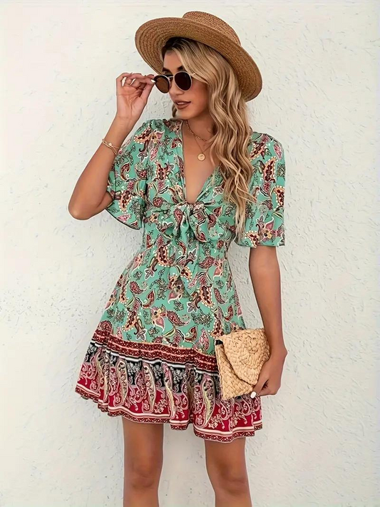 Boho Dress - Paisley Print - Short Sleeve - Mini Dress - Summer Dress-Fashion Nora