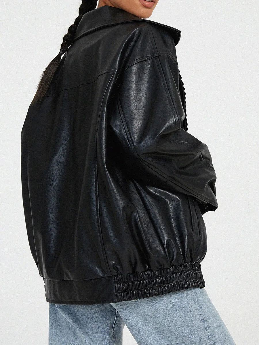 Bomber Jacket - Loose Fit - Vegan Leather - Oversized Jacket - Women's Jacket-Fashion Nora