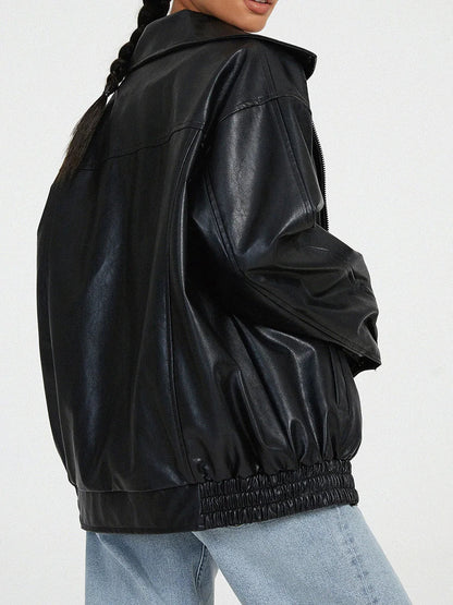 Bomber Jacket - Loose Fit - Vegan Leather - Oversized Jacket - Women's Jacket-Fashion Nora